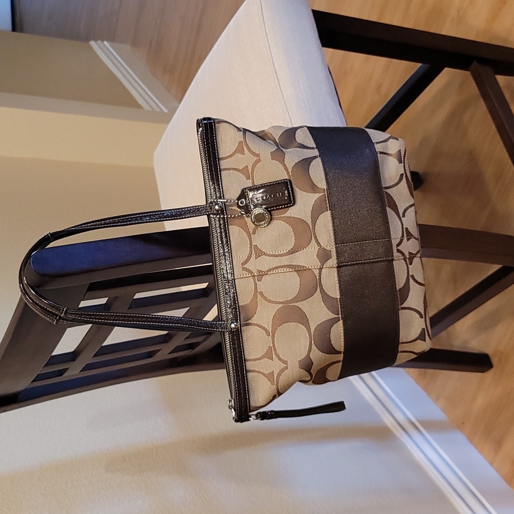 Coach Brown/Tan Tote Bag with Signature Canvas and Stripe